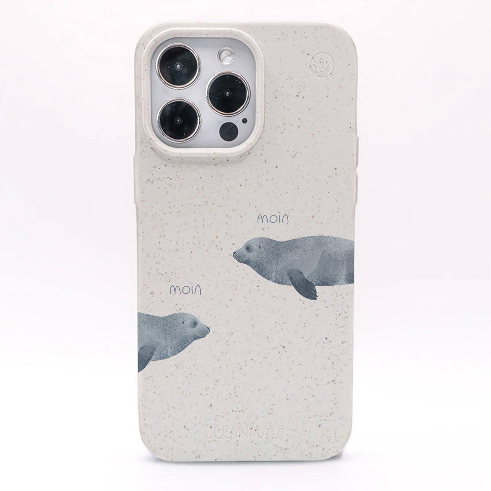 iPhone 13 mini Hülle - Robbe weiß - "mooornin" - nachhaltig