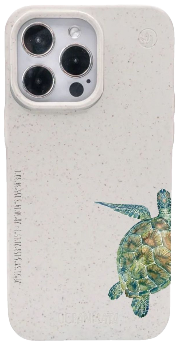 Oceanmata Turtle-Edition zum 7. Geburtstag: Bio-Hülle mit Aquarell-Meeresschildkröte und den Koordinaten von Ballina